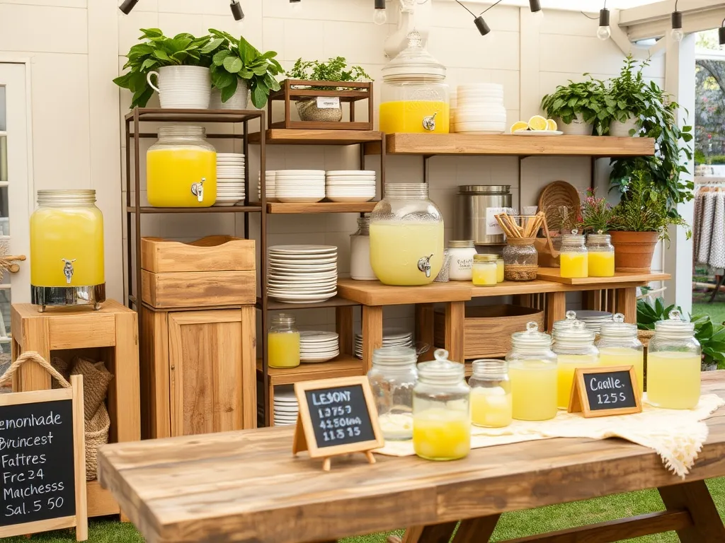 Close-up of lemonade stand accessories on a wooden surface