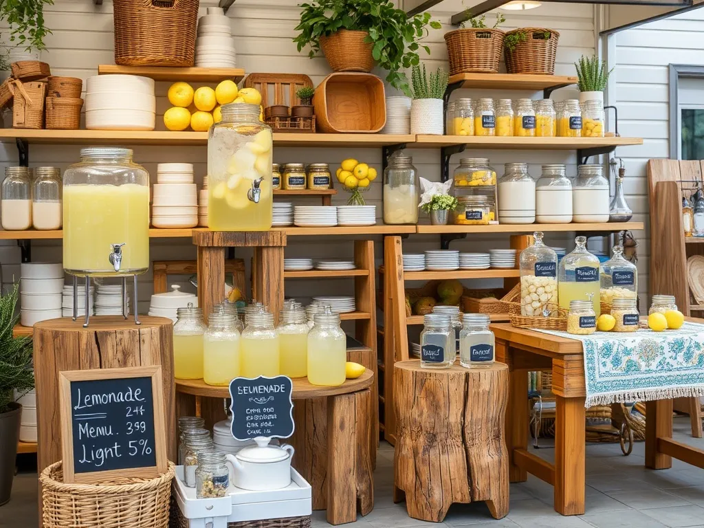 Aerial view of a garden party setup with natural wood furniture