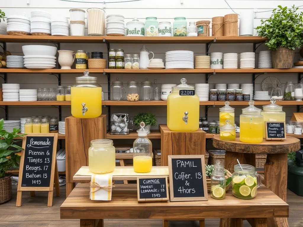 Wide view of a garden event with multiple lemonade stations
